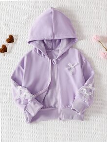 SHEIN 女童蕾絲蝴蝶結裝飾拉鍊連帽外套，休閒長袖羅紋下擺連帽外套，適合女童日常穿著 - 淡紫色 - 查看 5