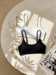 Elavelle Parte Superior Del Bikini De Color Sólido (2 Piezas) - Blanco y Negro - Ver 4