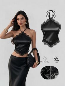 Sweetra Atasan Tank Pendek Wanita Musim Panas Model Halter Neck Slim Fit dengan Desain Ikat Renda dan Patchwork, Manis, Minimalis, dan Seksi - Hitam - View 7