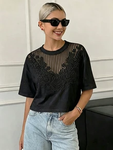 DAZY 女士休闲褶皱印花宽松短袖圆领露脐T恤，夏季 - 黑色 - 查看 1