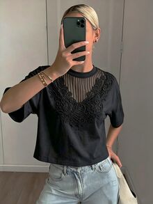 DAZY 女士休闲褶皱印花宽松短袖圆领露脐T恤，夏季 - 黑色 - 查看 3