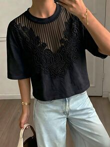 DAZY 女士休闲褶皱印花宽松短袖圆领露脐T恤，夏季 - 黑色 - 查看 4