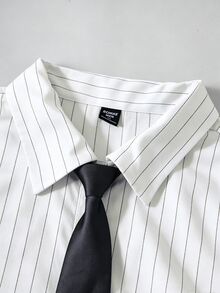 ROMWE MEN Men's Striped Loose Tie Long Sleeve Shirt - White - View 2