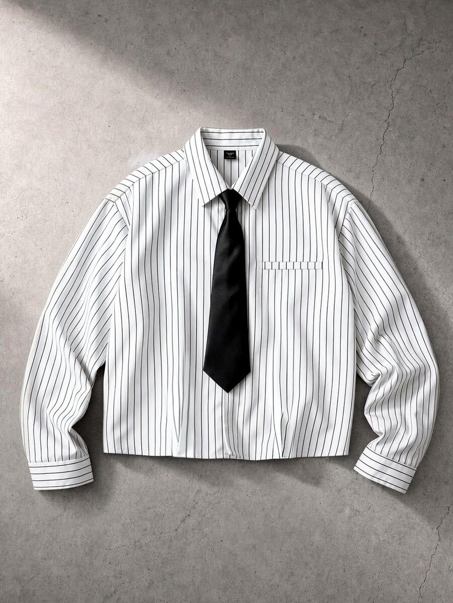 ROMWE MEN Men's Striped Loose Tie Long Sleeve Shirt - White - View 1