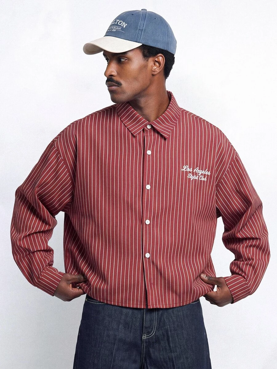 STYNVO Men's Casual Striped Long Sleeve Shirt, Autumn - Burgundy - View 1