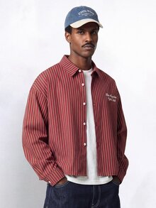 STYNVO Men's Casual Striped Long Sleeve Shirt, Autumn - Burgundy - View 4