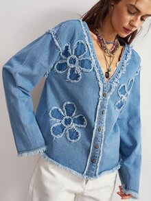 Bohemela 女款休閒波西米亞風純色編織牛仔外套，適合日常旅行，藍色，秋季 - 藍色 - 查看 5