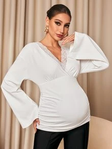 MaterniChic Maternity Lace Patchwork Casual Everyday T-Shirt - White - View 2