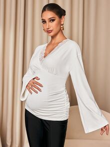 MaterniChic Maternity Lace Patchwork Casual Everyday T-Shirt - White - View 3