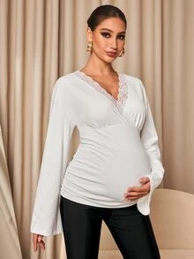 MaterniChic Maternity Lace Patchwork Casual Everyday T-Shirt - White - View 4