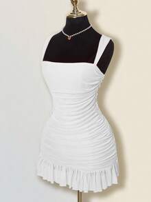 Sweetina 女式薄纱褶饰修身无袖纯色连衣裙 - 白色 - 查看 4