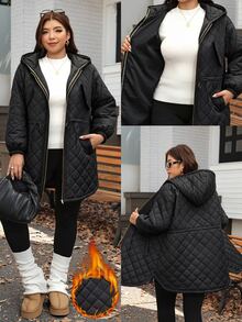 SHEIN LUNE Plus Size Women's Solid Color Hooded Casual Daily Winter Cotton Padded Coat - Black - View 2