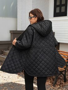 SHEIN LUNE Plus Size Women's Solid Color Hooded Casual Daily Winter Cotton Padded Coat - Black - View 7