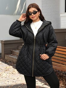 SHEIN LUNE Plus Size Women's Solid Color Hooded Casual Daily Winter Cotton Padded Coat - Black - View 4