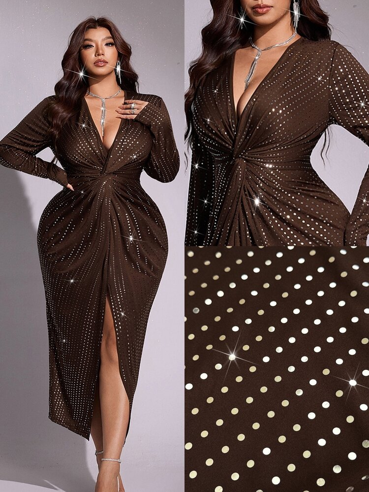 Viva Relle Sexy And Elegant Plus-Size Sequin Dress With Front Slit – New For Autumn 2026 (Perfect For Evening Parties) - Coffee Brown - View 1