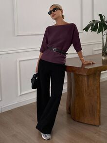 DAZY Women's Solid Color Fitted Boat Neck Half Sleeve Casual Elegant Knit Top, Autumn/Winter - Burgundy - View 5