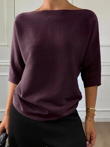 DAZY Women's Solid Color Fitted Boat Neck Half Sleeve Casual Elegant Knit Top, Autumn/Winter - Burgundy - View 6