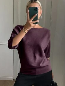 DAZY Women's Solid Color Fitted Boat Neck Half Sleeve Casual Elegant Knit Top, Autumn/Winter - Burgundy - View 1