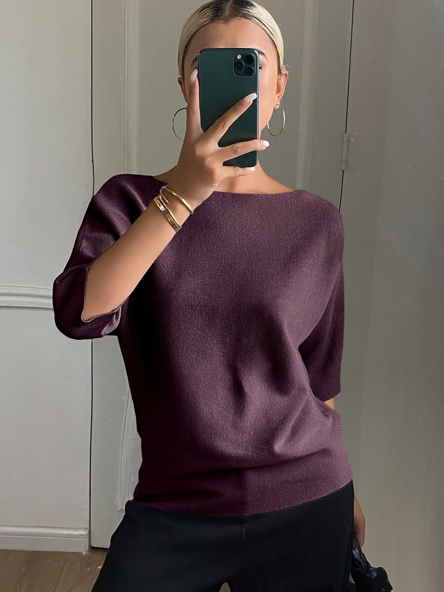 DAZY Women's Solid Color Fitted Boat Neck Half Sleeve Casual Elegant Knit Top, Autumn/Winter - Burgundy - View 1