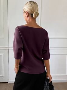 DAZY Women's Solid Color Fitted Boat Neck Half Sleeve Casual Elegant Knit Top, Autumn/Winter - Burgundy - View 2