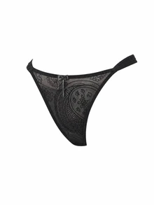 MISSGUIDED Black Lace Thong With Mesh Panel And Bow Detail Elegant Floral Embroidered String Bikini Bottom Valentine's Day Lingerie - Black - View 3