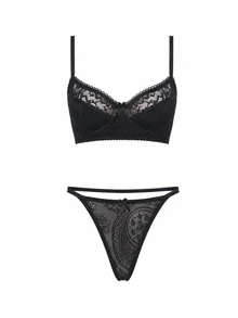 MISSGUIDED Black Lace Thong With Mesh Panel And Bow Detail Elegant Floral Embroidered String Bikini Bottom Valentine's Day Lingerie - Black - View 1