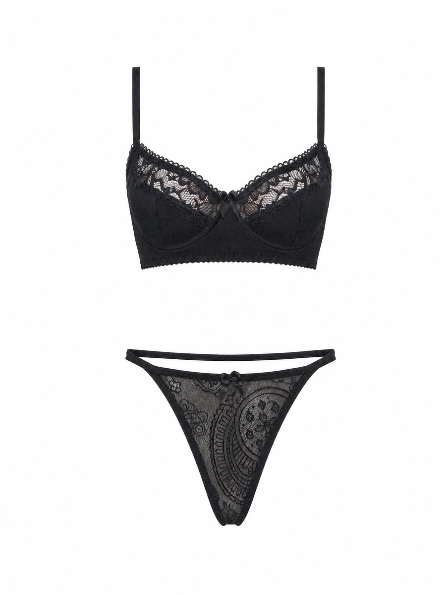 MISSGUIDED Black Lace Thong With Mesh Panel And Bow Detail Elegant Floral Embroidered String Bikini Bottom Valentine's Day Lingerie - Black - View 1