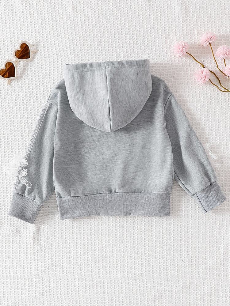 Genkimix Kids Young Girls Lace Bow Decor Zip Up Hooded Jacket, Casual Western Long Sleeve Drawstring Hoodie Coat, Young Girl Outerwear For Christmas Holiday Fall - Light Grey - View 2