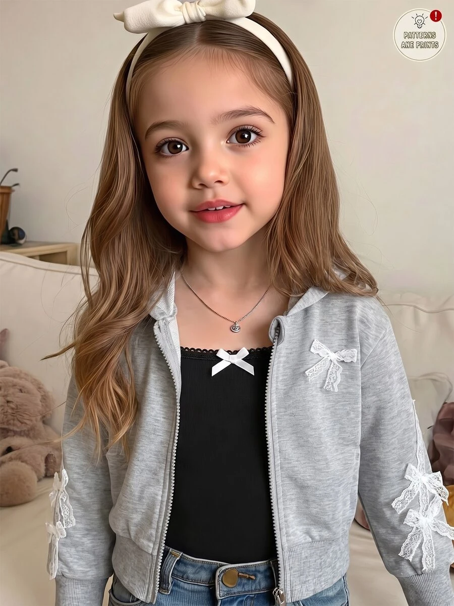 Genkimix Kids 女童蕾絲蝴蝶結裝飾拉鍊連帽外套，休閒西式長袖抽繩連帽外套，女童聖誕節假期秋季外套