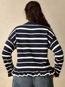 Nubod Plus Size Knitted Crew Neck Colorblock Button Rolled Hem Long Sleeve Sweater Casual Comfortable - Multicolor - View 6