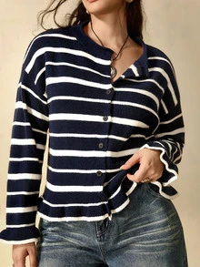 Nubod Plus Size Knitted Crew Neck Colorblock Button Rolled Hem Long Sleeve Sweater Casual Comfortable - Multicolor - View 3