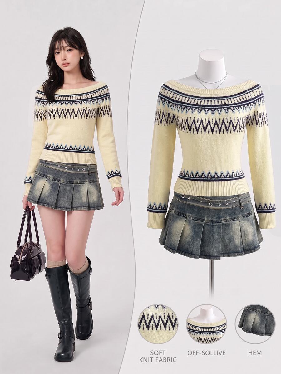 Dulcita Women's Autumn/Winter Large Scoop Neck Asymmetric Shoulder 2-Way Wear Fair Isle Wavy Pattern Colorblock Long Sleeve Slim Fit Atmospheric Knit Sweater - Light Yellow - View 1