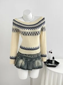 Dulcita Women's Autumn/Winter Large Scoop Neck Asymmetric Shoulder 2-Way Wear Fair Isle Wavy Pattern Colorblock Long Sleeve Slim Fit Atmospheric Knit Sweater - Light Yellow - View 7