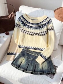 Dulcita Women's Autumn/Winter Large Scoop Neck Asymmetric Shoulder 2-Way Wear Fair Isle Wavy Pattern Colorblock Long Sleeve Slim Fit Atmospheric Knit Sweater - Light Yellow - View 3
