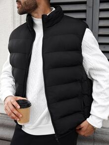 NEOSTRIT Men's Plus Size Winter Black Smart Date Vest, Thickened Zipper Stand Collar Sleeveless Coat, Solid Loose With Diamond Grid Print Inside, Puffer - Black - View 6