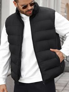 NEOSTRIT Men's Plus Size Winter Black Smart Date Vest, Thickened Zipper Stand Collar Sleeveless Coat, Solid Loose With Diamond Grid Print Inside, Puffer - Black - View 3
