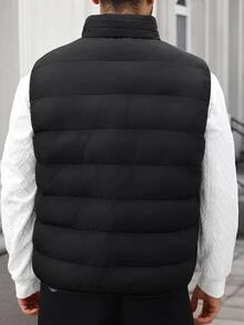 NEOSTRIT Men's Plus Size Winter Black Smart Date Vest, Thickened Zipper Stand Collar Sleeveless Coat, Solid Loose With Diamond Grid Print Inside, Puffer - Black - View 2