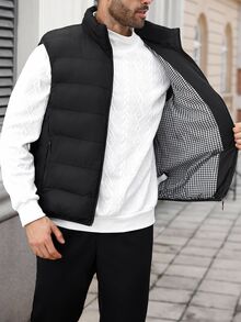 NEOSTRIT Men's Plus Size Winter Black Smart Date Vest, Thickened Zipper Stand Collar Sleeveless Coat, Solid Loose With Diamond Grid Print Inside, Puffer - Black - View 7
