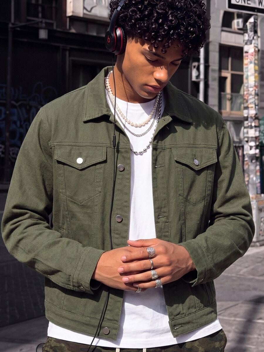 NEOSTRIT Plus Size Men's Solid Color Cargo Pockets Long Sleeve Plain Casual Dark Denim Jacket, Spring Autumn, For Work Work Going Out Hiking Urban - Army Green - View 1