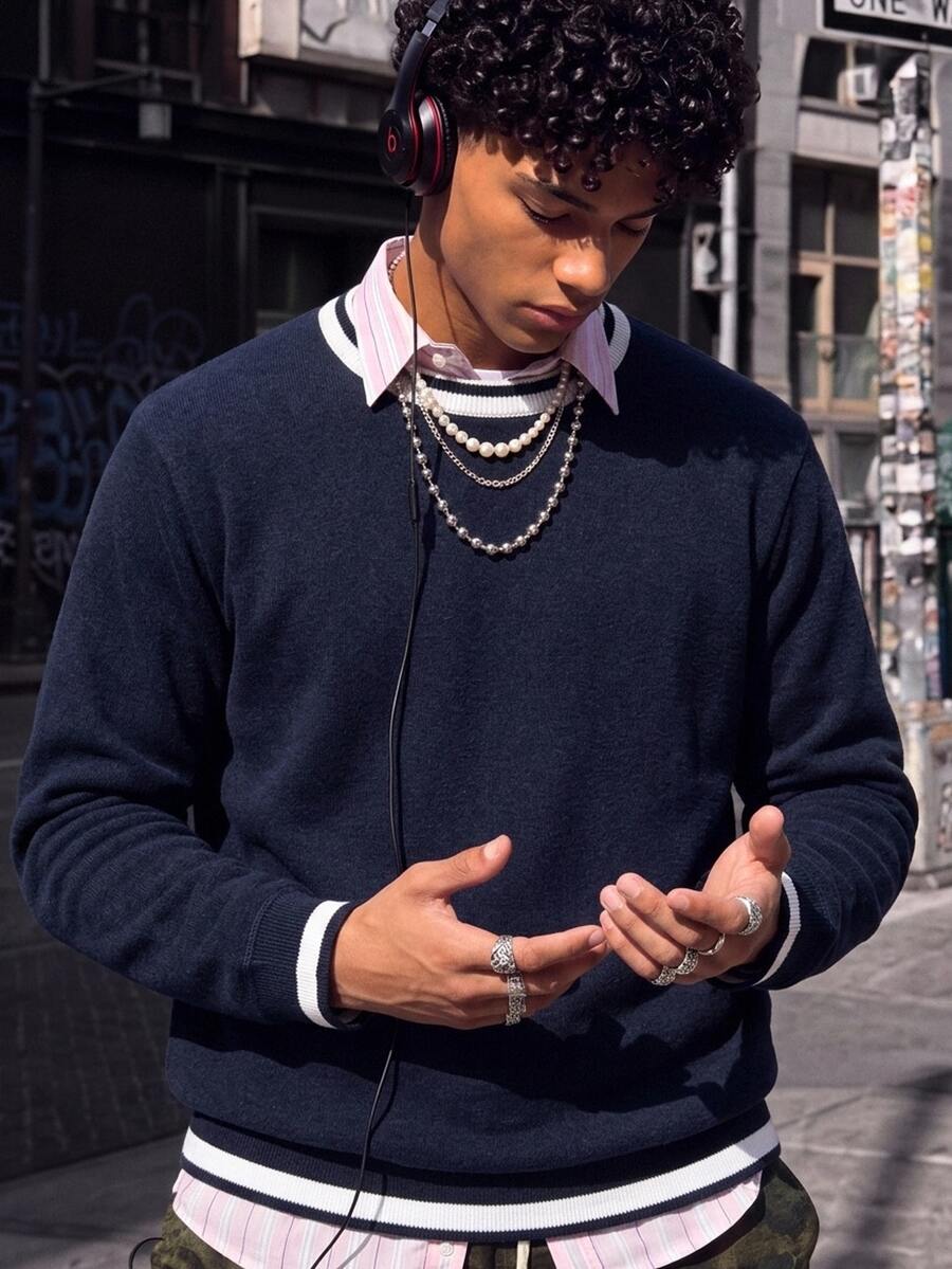 NEOSTRIT 大码男士条纹圆领长袖休闲羊毛衫，秋冬 - 藏蓝色 - 查看 1