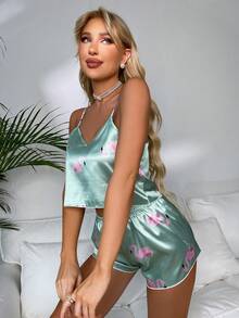 SHEIN Casual Underwear&Sleepwear Flamingo Print Satin Cami Top & Shorts PJ Set / Pajama Set - Mint Green - View 5