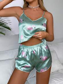 SHEIN Casual Underwear&Sleepwear Flamingo Print Satin Cami Top & Shorts PJ Set / Pajama Set - Mint Green - View 7