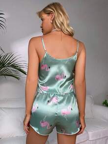 SHEIN Casual Underwear&Sleepwear Flamingo Print Satin Cami Top & Shorts PJ Set / Pajama Set - Mint Green - View 2
