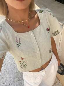 DAZY 女款花卉刺繡拼接下擺綁帶休閒度假夏季印花上衣T恤 - 杏色 - 查看 4