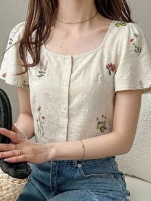 DAZY 女款花卉刺繡拼接下擺綁帶休閒度假夏季印花上衣T恤 - 杏色 - 查看 7