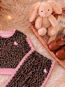 Young Girls Sweatshirt Set, Autumn/Winter Leopard Print Lace Outfit, Vintage Cool Leopard Print Base With Soft Pink Lace Trim And Print, Delicate Pony Print Adds Detail. Round Neck Loose Top Paired With Slim Fit Flared Pants - Multicolor - View 5