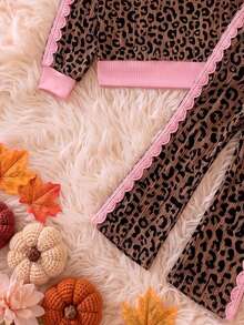 Young Girls Sweatshirt Set, Autumn/Winter Leopard Print Lace Outfit, Vintage Cool Leopard Print Base With Soft Pink Lace Trim And Print, Delicate Pony Print Adds Detail. Round Neck Loose Top Paired With Slim Fit Flared Pants - Multicolor - View 4
