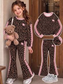 Young Girls Sweatshirt Set, Autumn/Winter Leopard Print Lace Outfit, Vintage Cool Leopard Print Base With Soft Pink Lace Trim And Print, Delicate Pony Print Adds Detail. Round Neck Loose Top Paired With Slim Fit Flared Pants - Multicolor - View 1