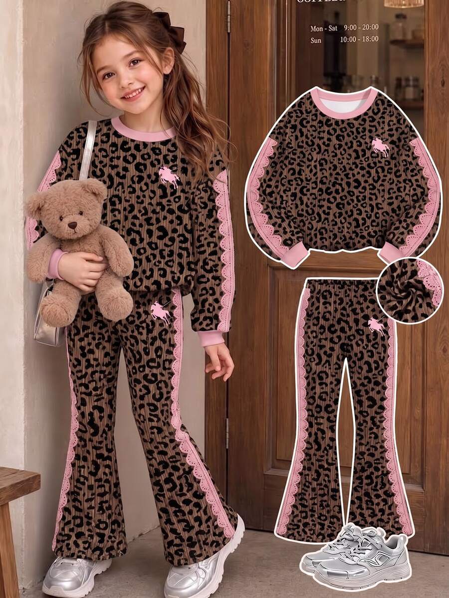 Young Girls Sweatshirt Set, Autumn/Winter Leopard Print Lace Outfit, Vintage Cool Leopard Print Base With Soft Pink Lace Trim And Print, Delicate Pony Print Adds Detail. Round Neck Loose Top Paired With Slim Fit Flared Pants - Multicolor - View 1