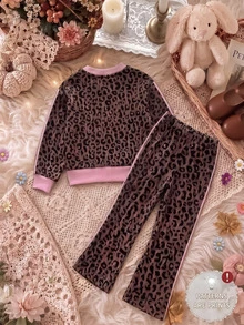Young Girls Sweatshirt Set, Autumn/Winter Leopard Print Lace Outfit, Vintage Cool Leopard Print Base With Soft Pink Lace Trim And Print, Delicate Pony Print Adds Detail. Round Neck Loose Top Paired With Slim Fit Flared Pants - Multicolor - View 2